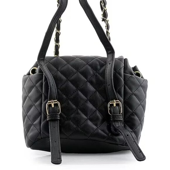 Badgley Mischka ✦ Quilted Vegan Leather Backpack ✦ Black Chain Strap Turn-Lock - Picture 4 of 8